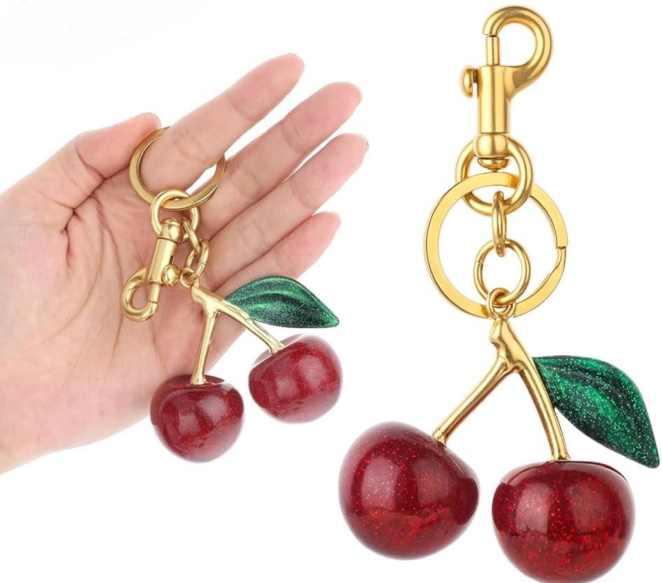 Cherry Handbag Charm Pendant + Green Leaf