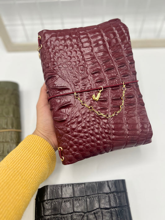 Burgundy Croc Luxe | A5 Trifold Leather Refillable Journal