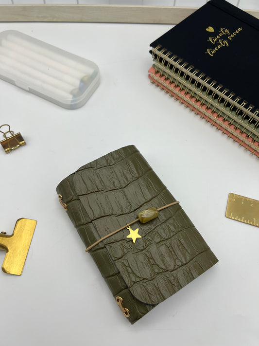 Olive Croc | A6 Trifold Leather Refillable Journal