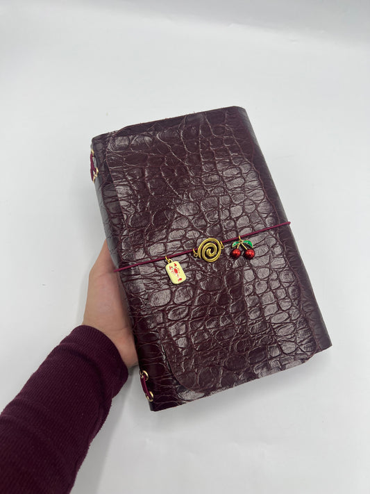 Deep Burgundy Croc  | A5 Trifold Leather Refillable Journal