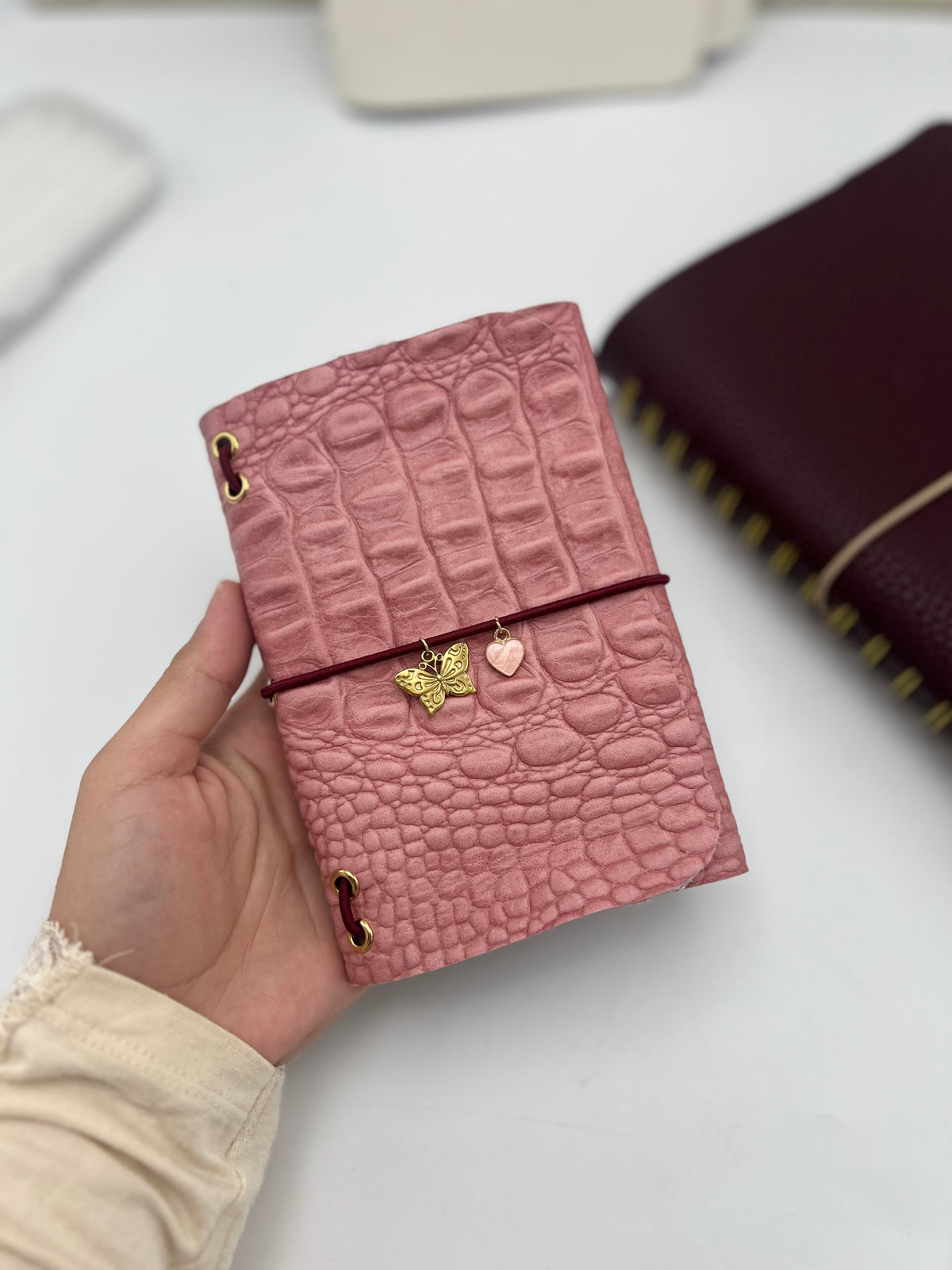 Pink Croc | A6 Trifold Leather Refillable Journal