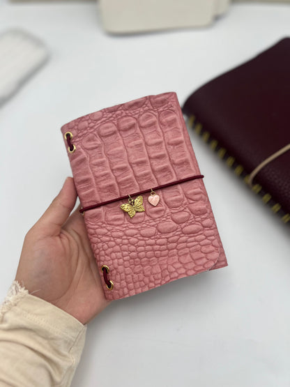 Pink Croc | A6 Trifold Leather Refillable Journal